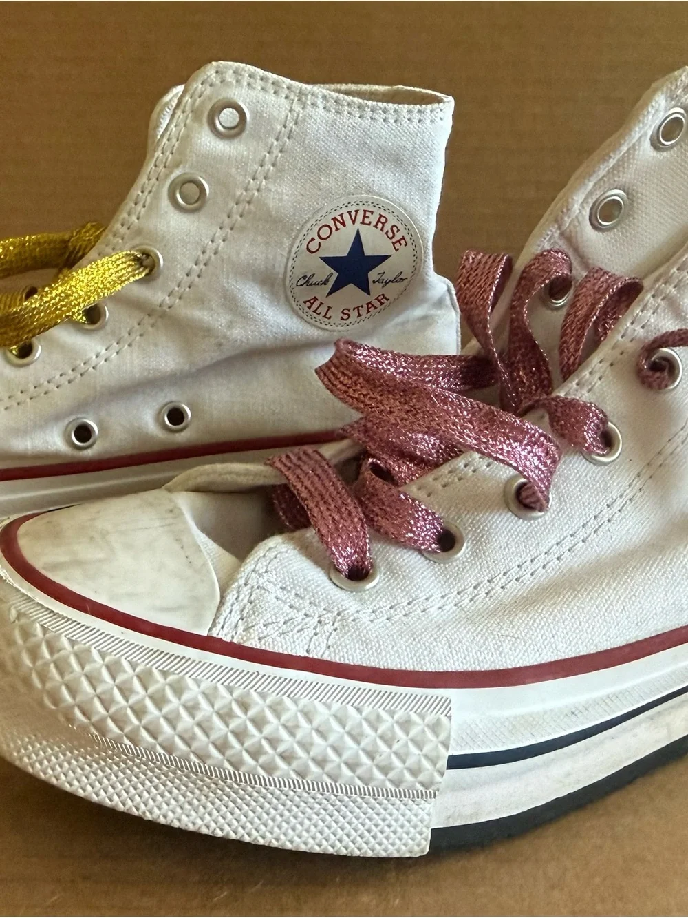 Converse White High Top Sneakers with Pink & Gold Laces